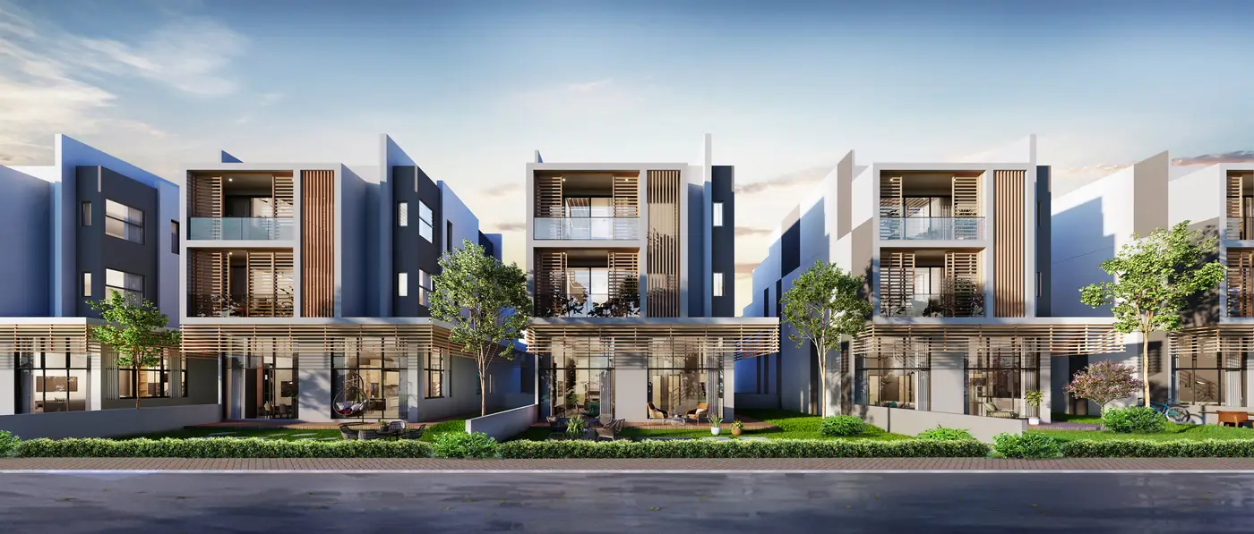 Fasad Courtyard Homes, bungalow zero-lot 4 lantai dengan taman depan